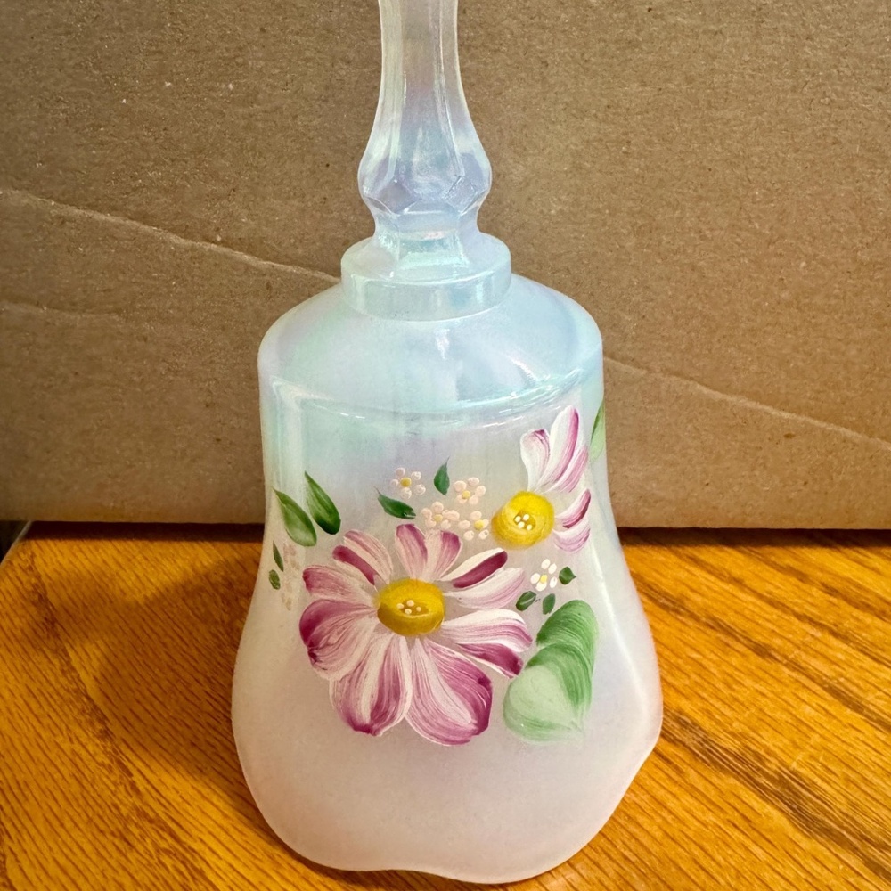 1970’s hand-painted Fenton white satin bell signed by artist B.C. Smith